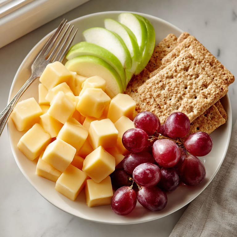 A plate of food with cheese, grapes, and crackers.
