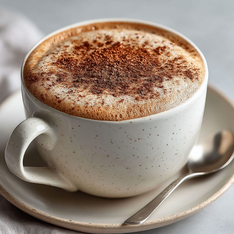 A cup of chai latte with a spoon in it.