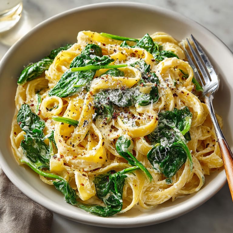 A bowl of pasta with spinach and cheese.