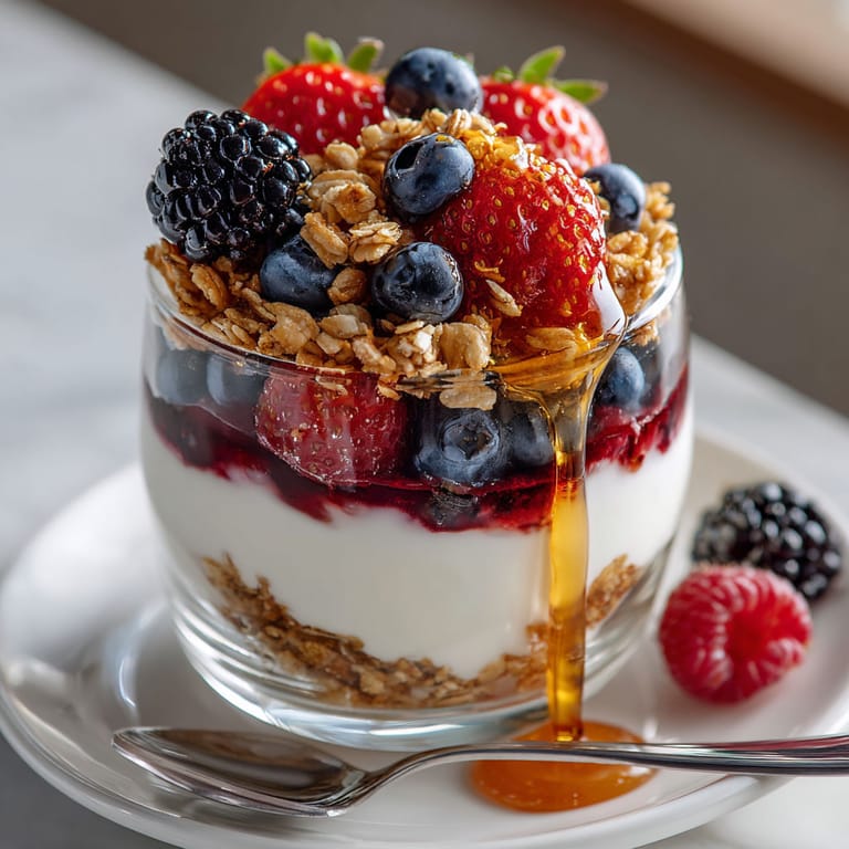 A glass bowl filled with a mixture of berries and cereal.