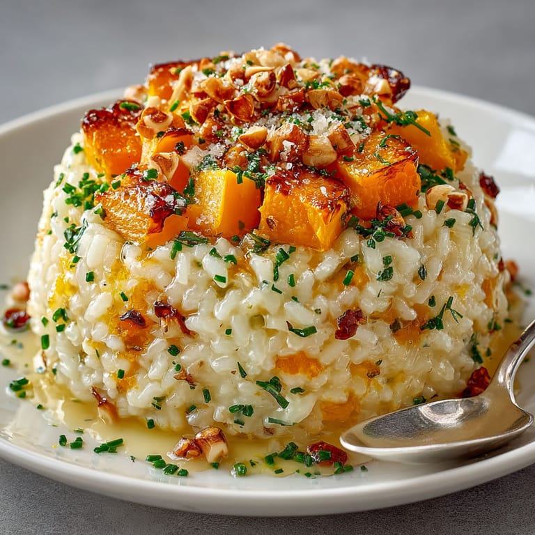 A plate of food with a pumpkin, Parmesan, and truffle risotto with toasted hazelnuts.