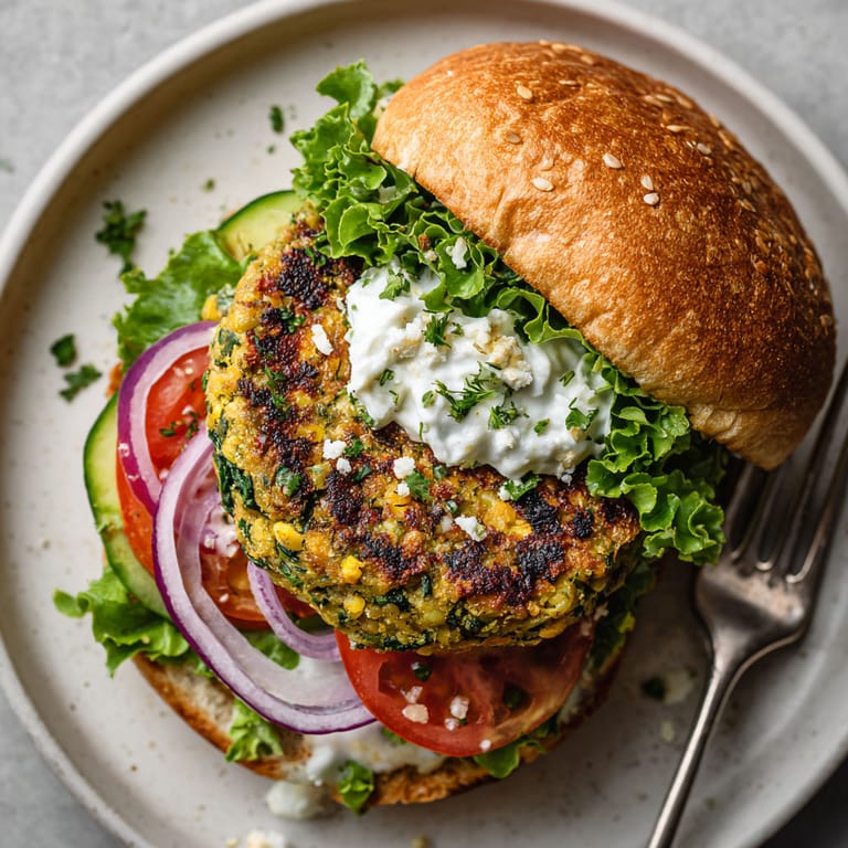 A veggie burger with spinach and feta cheese.