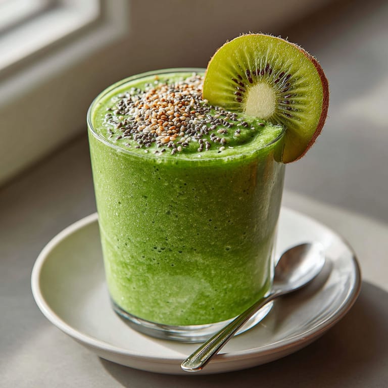 A glass of green witch smoothie with kiwi and spirulina.