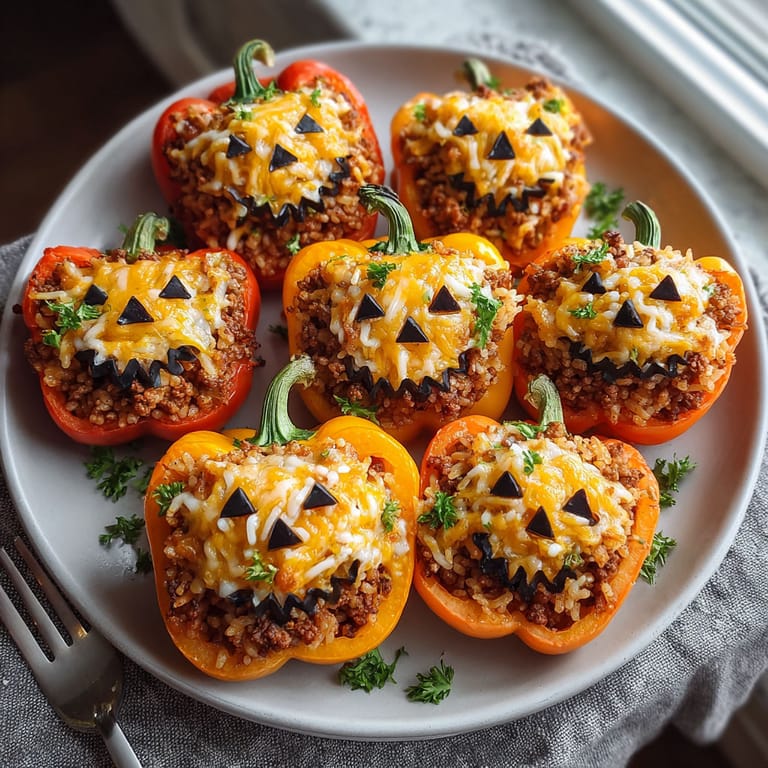 A plate of food with a pumpkin face on it.