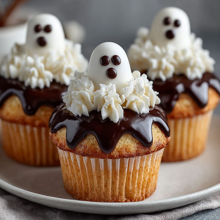 Three cupcakes with white frosting and chocolate ganache, decorated to look like ghosts.