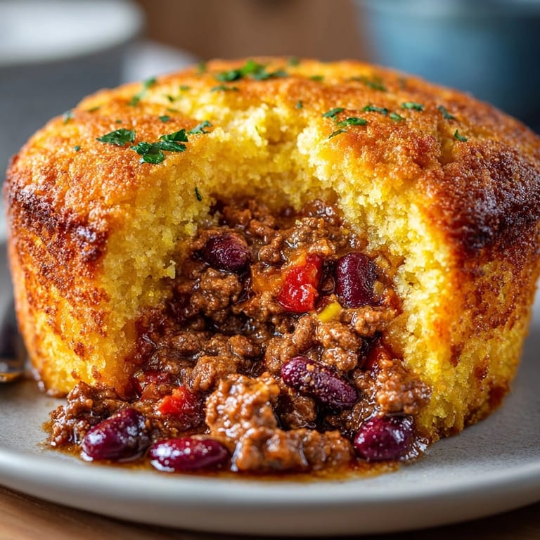 Savourez ces Chili-Stuffed Cornbread Muffins maison avec une garniture de crème sure et d'oignons verts.