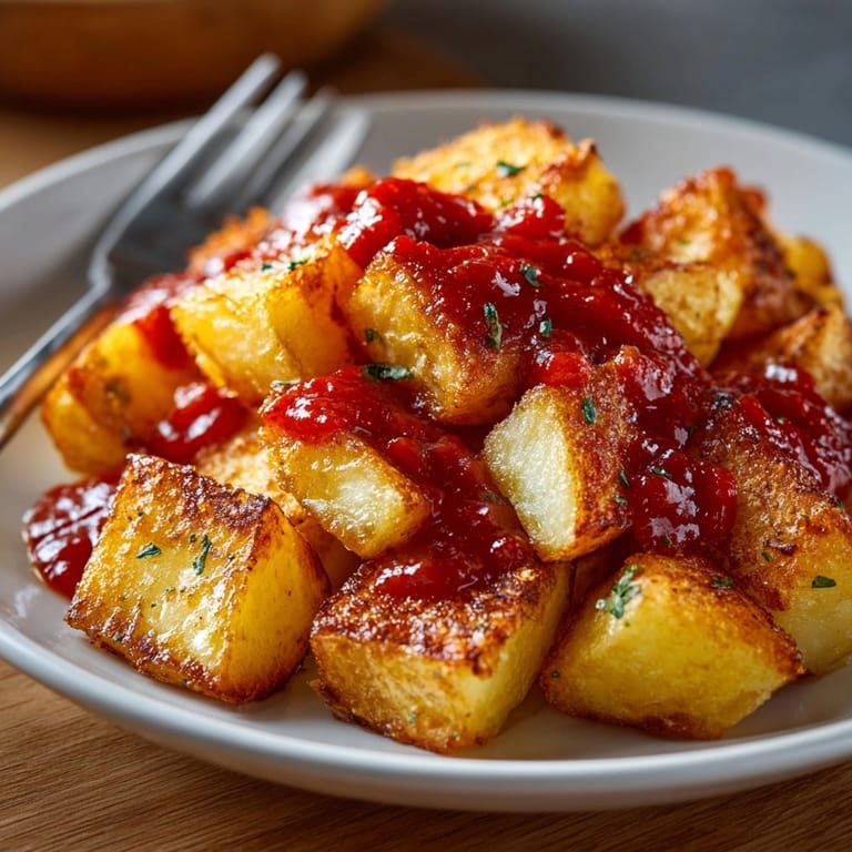 Savoureuses patatas bravas, pommes de terre frites et enrobées d'une sauce tomate épicée, idéales pour l'apéritif.