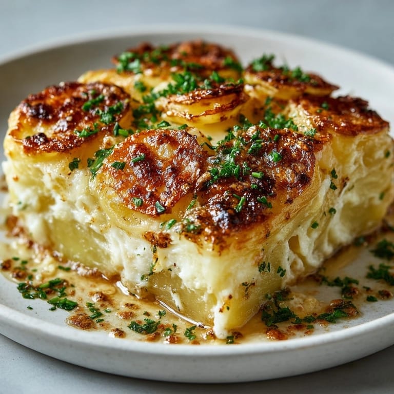 Gratin dauphinois léger doré à la perfection prêt à servir lors d’un repas convivial.