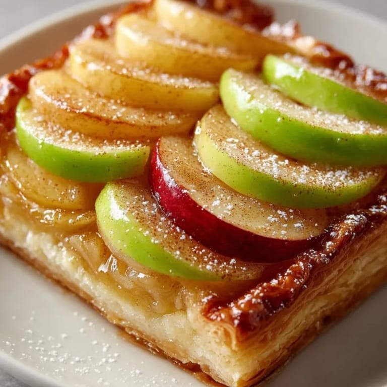 Une tarte aux pommes rapide faite maison servie chaude, nappée de confiture d'abricots brillante.