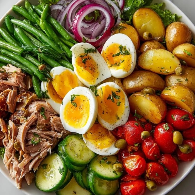 Gros plan d'une savoureuse salade Niçoise, débordant de légumes frais et d'un assaisonnement vinaigrette.