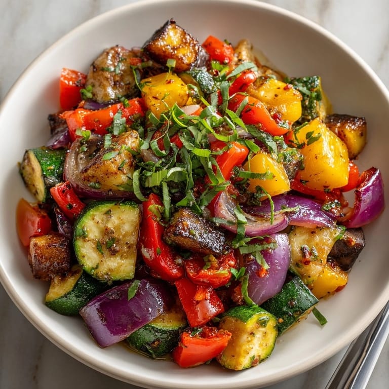 Une salade de ratatouille fraîche et végétarienne, parfaite en accompagnement frais, servie froide.
