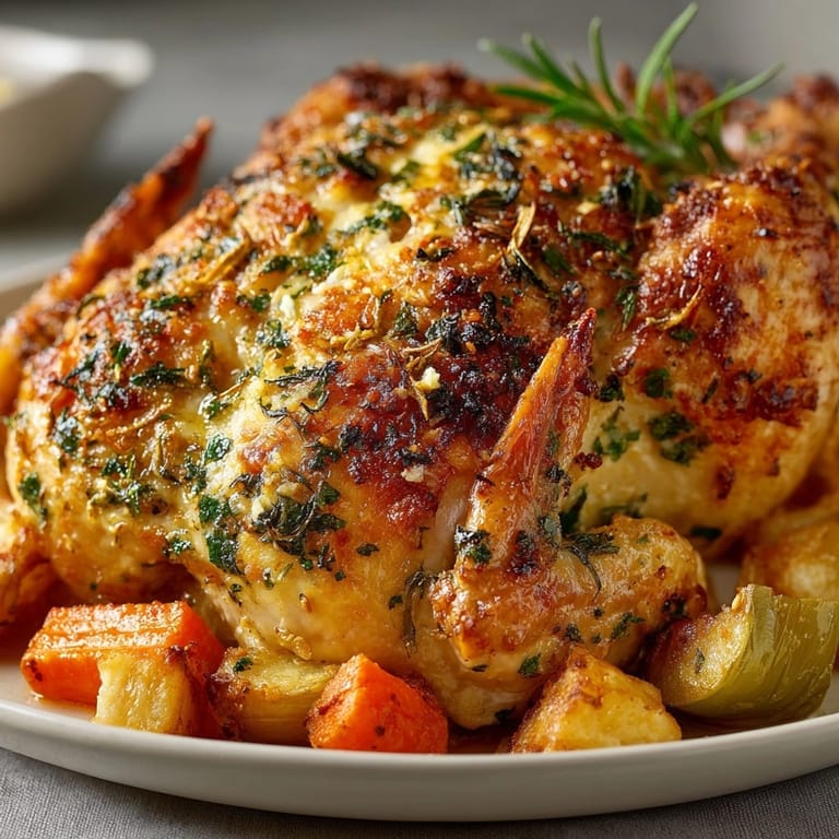 Préparez ce savoureux poulet rôti croûte aux herbes avec des légumes racines rôtis.