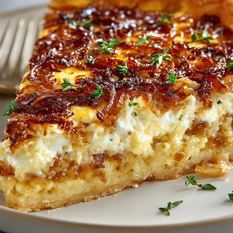 Succulent "Easy French Onion Tart" avec une pâte feuilletée et du fromage dégoulinant, prêt à être partagé.
