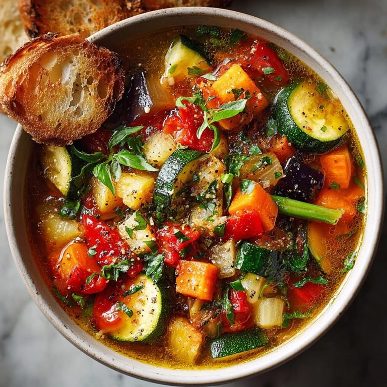 Bol fumant de soupe provençale aux légumes, arôme d'herbes, légumes tendres, pain croustillant.