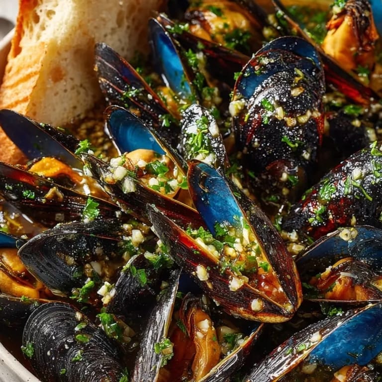 De succulents Mussels au beurre à l'ail arrosés de vin blanc, prêts à être savourés.