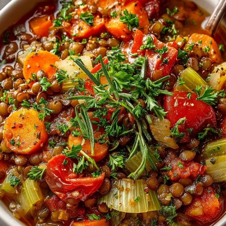 Un épais stew français aux lentilles végétarien mijoté, avec des légumes vibrants, prêt à être servi.