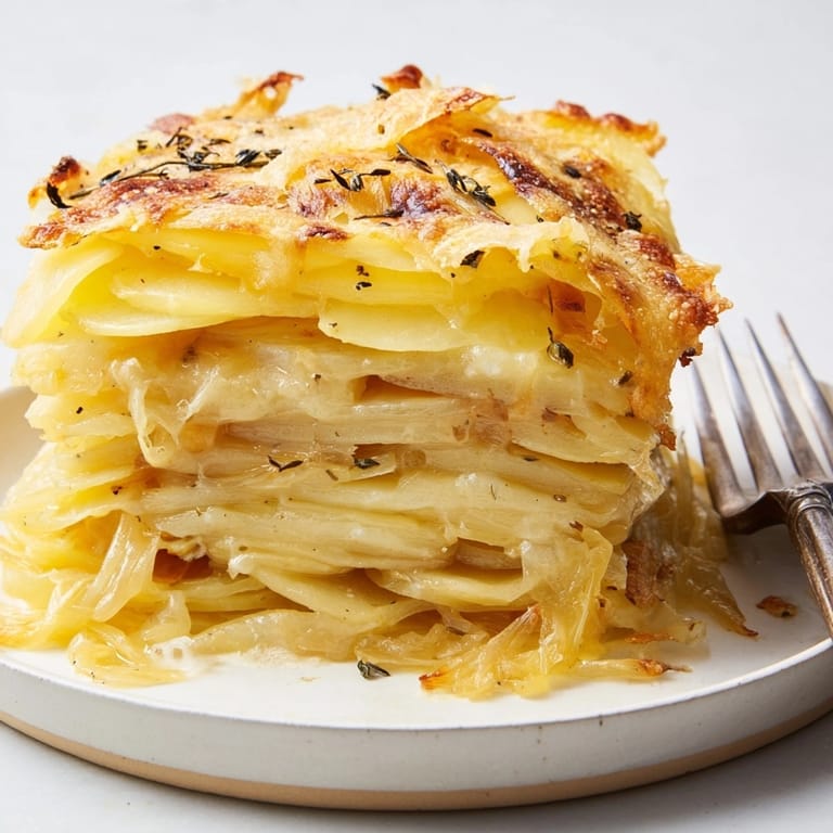 Gratin de pommes de terre aux oignons caramélisés crémeux, au four, parfait pour un repas réconfortant.