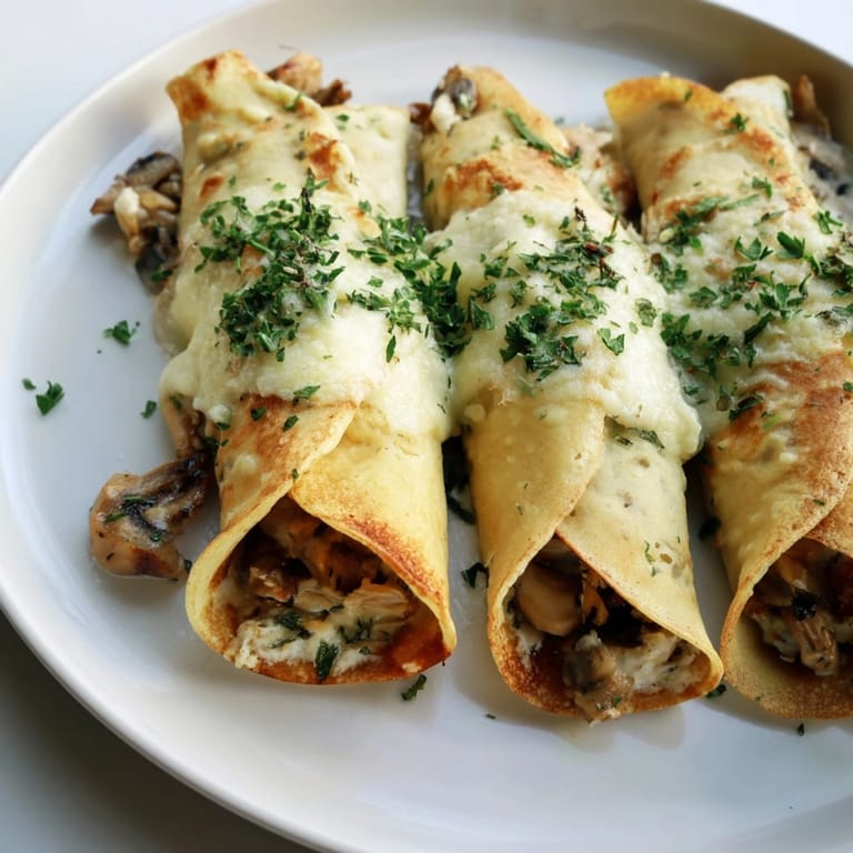 Rouleaux de crêpes aux champignons et aux herbes, servis avec une sauce crémeuse.