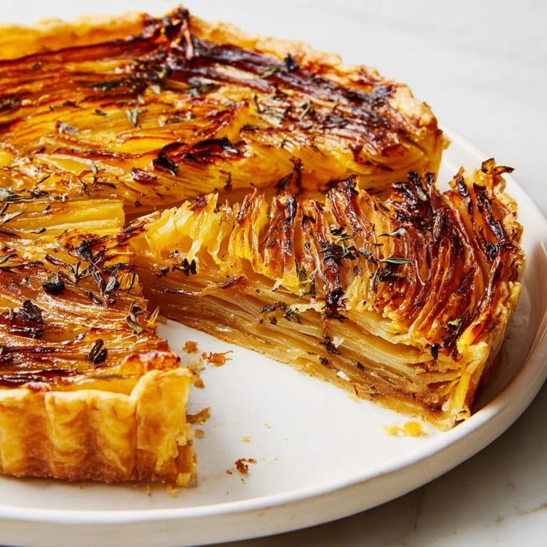Tarte rustique à l'oignon: pâte feuilletée enveloppant une garniture savoureuse d'oignons doux et de thym.