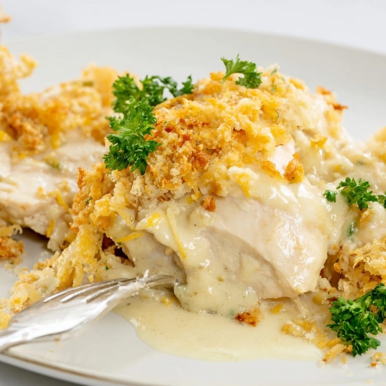 Gros plan alléchant du gratin de poulet crémeux au dijon doré et pétillant, garni de persil.
