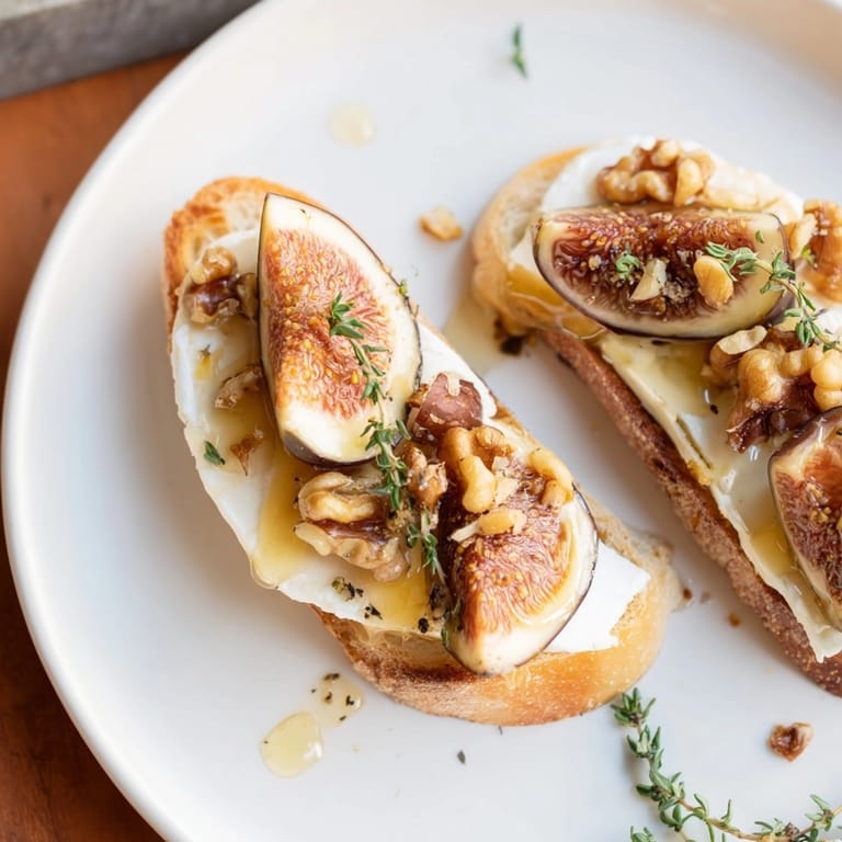 Délicieux crostini figue et brie d'automne prêts à être dégustés, garnis de thym frais et de poivre concassé.