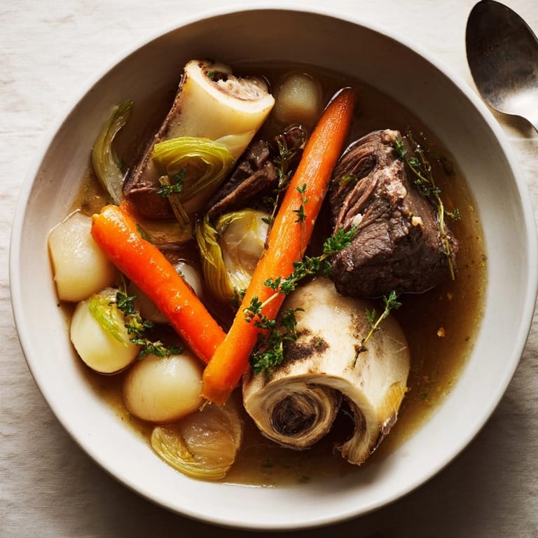 Préparation copieuse du pot-au-feu, où les légumes et le bœuf partagent délicatement la même assiette.
