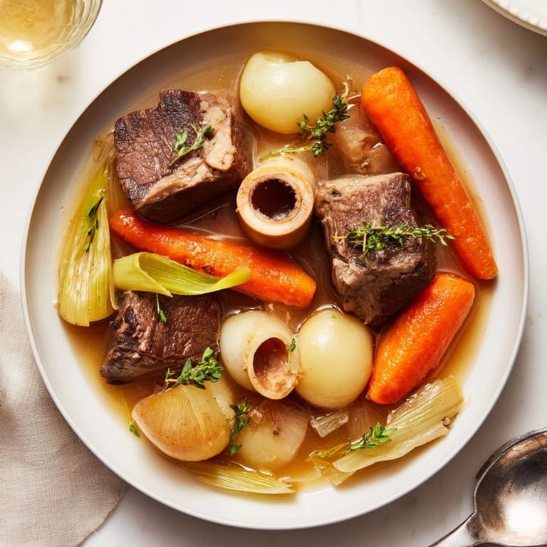 Pot-au-feu traditionnel : un bouillon parfumé et de généreux morceaux de bœuf moelleux et de légumes fondants.