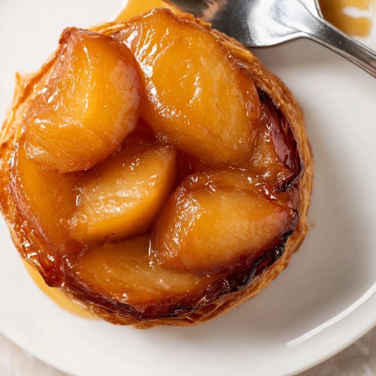Vue rapprochée d'une délicieuse Tarte Tatin aux pommes, renversée, un dessert chaud et réconfortant.