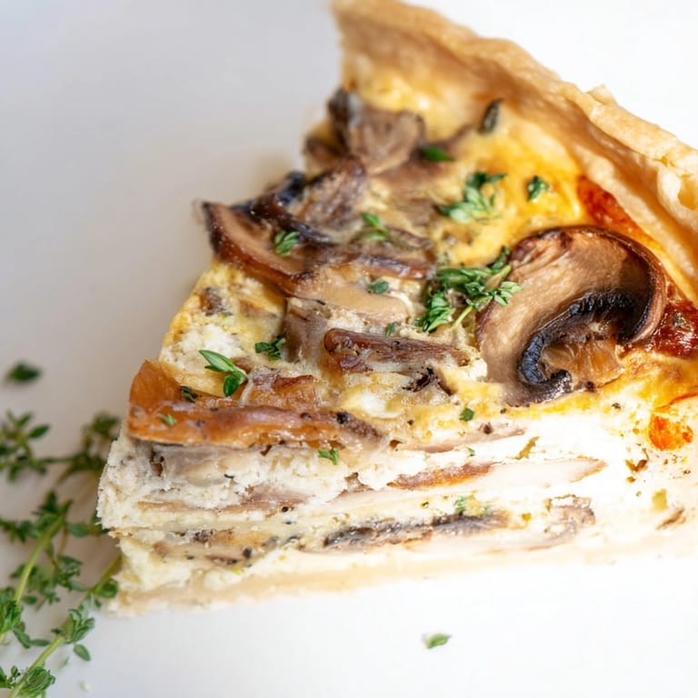 Savourer la quiche aux champignons sauvages maison avec des gruyère fondu et arômates terreux.