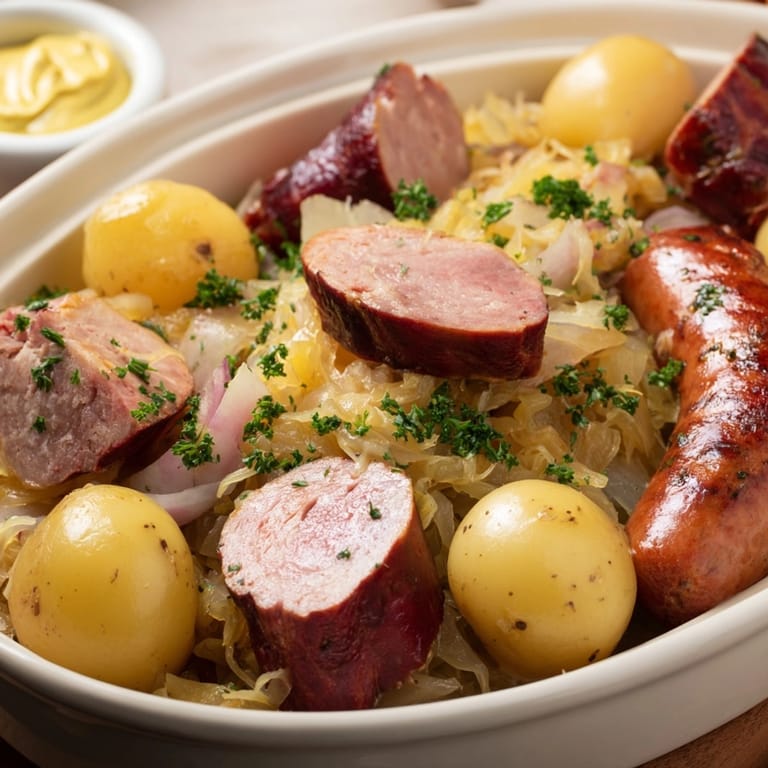 Choucroute Garnie, un plat français réconfortant avec choucroute fermentée, saucisses et charcuteries pour un festin.