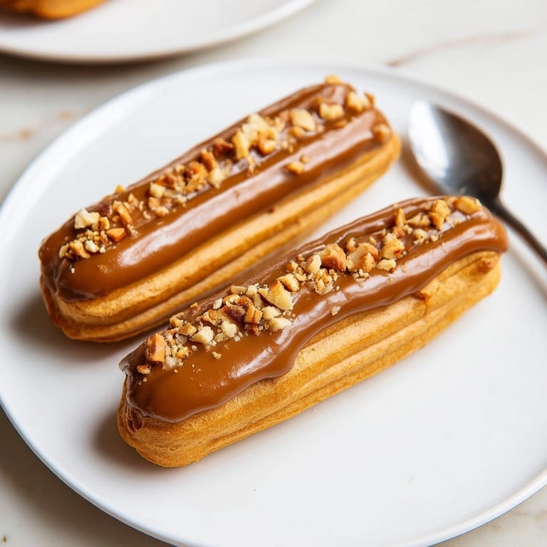 Des éclairs noisette caramel faits maison, un dessert français décadent, prêts à être dégustés.