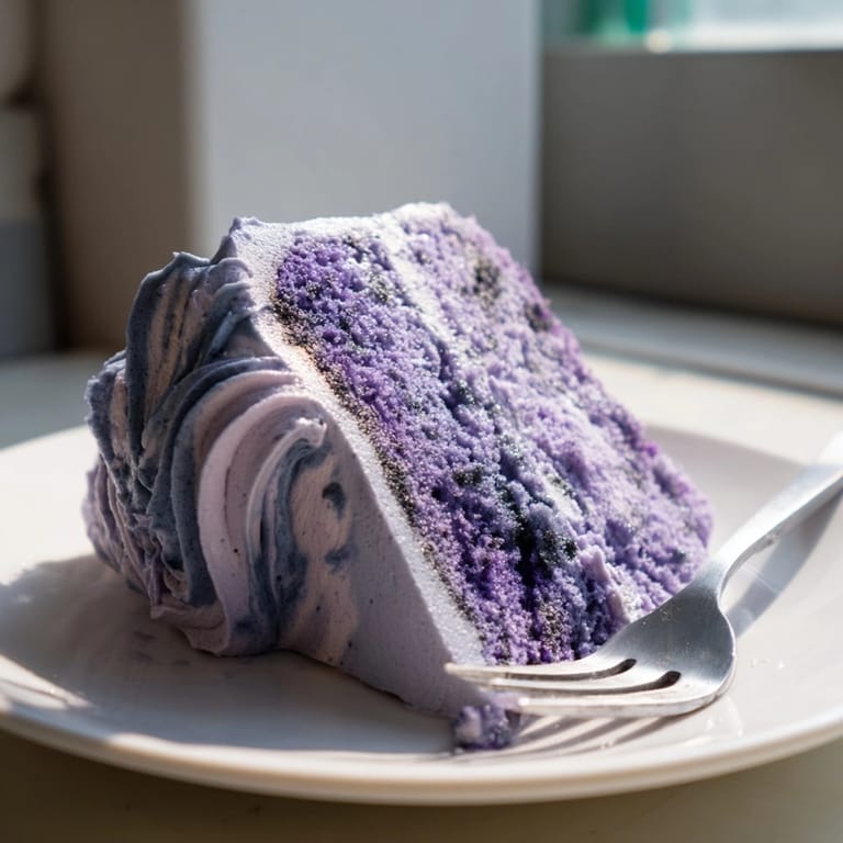Ube Moist Cake, nappé de crème fouettée, un délice des Philippines.