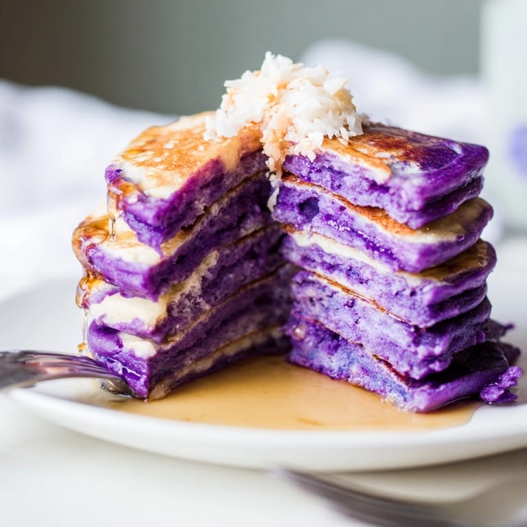 Warm Ube Fluffy Pancakes cooking on a griddle, releasing a sweet, vanilla aroma.