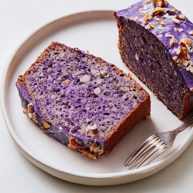 Pain aux bananes et à l'ube fait maison, texture douce, parfait avec du beurre d'amande.
