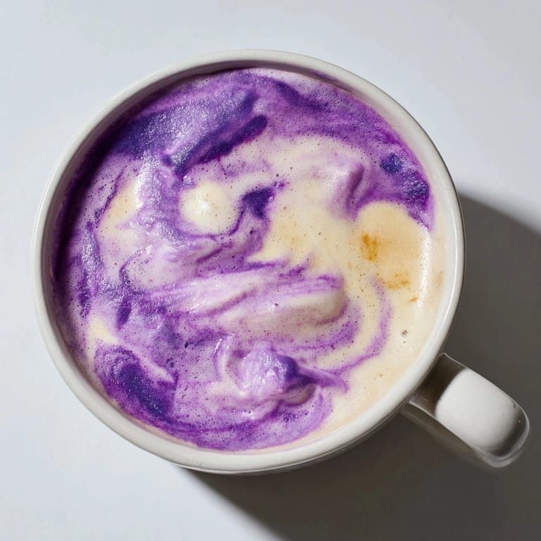 Steaming, homemade Ube Latte, showcased in a rustic mug—comforting and subtly sweet.