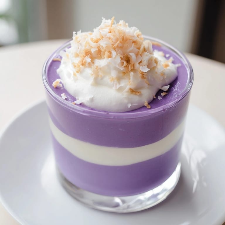 Verrines de mousse à l'ube fraîchement préparées, nappées de crème fouettée et saupoudrées de noix de coco.