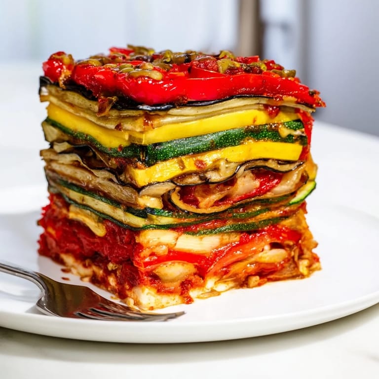 Savory Chaos Ratatouille Cake, layers of roasted veggies topped with a drizzle of pickle glaze.
