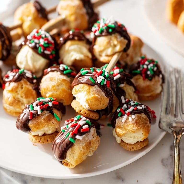Delicious bite-sized profiteroles and cookies on skewers, perfect for holiday gatherings.  