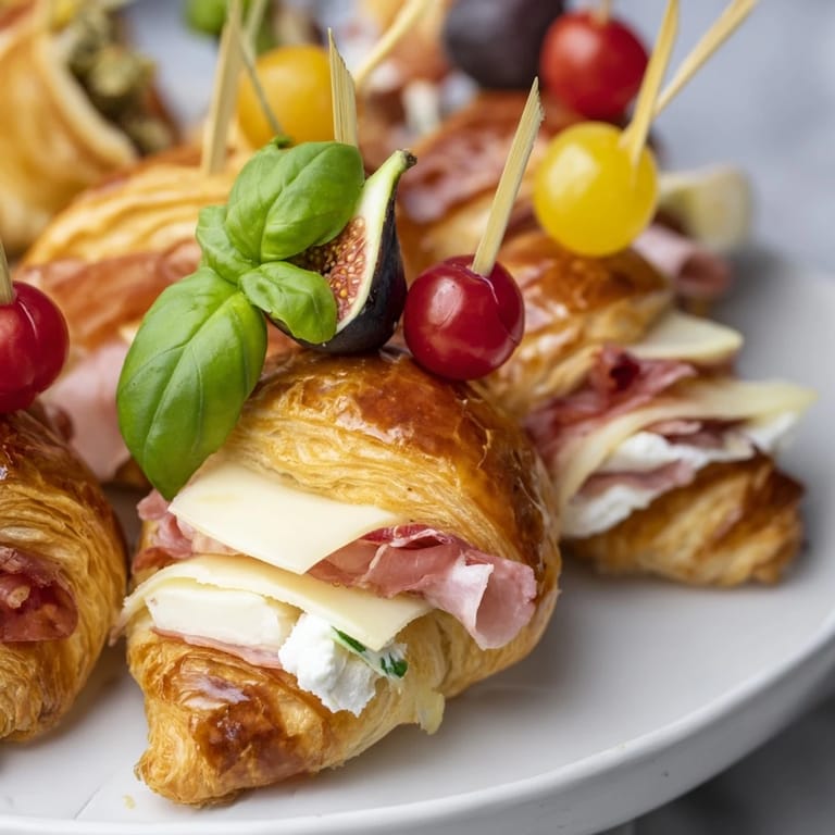 Elegant Croissant Charcuterie Board Bites featuring fresh figs, grapes, and honey drizzle.  