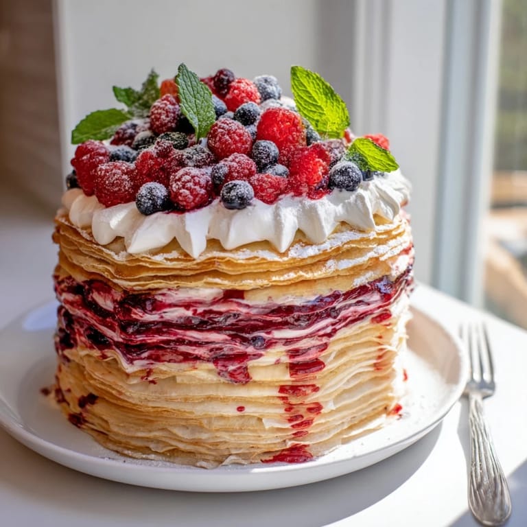Layered crêpes filled with tangy pickled berry cream, a stunning dessert treat.  