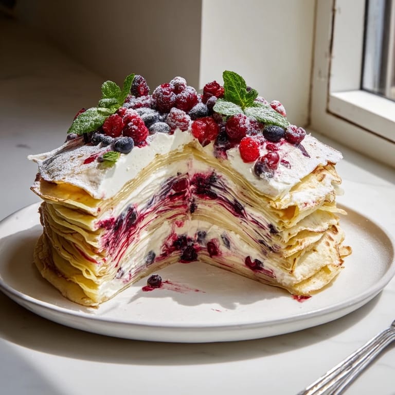 Elegant crêpe cake showcasing creamy pickled berry layers and fresh mint accents.