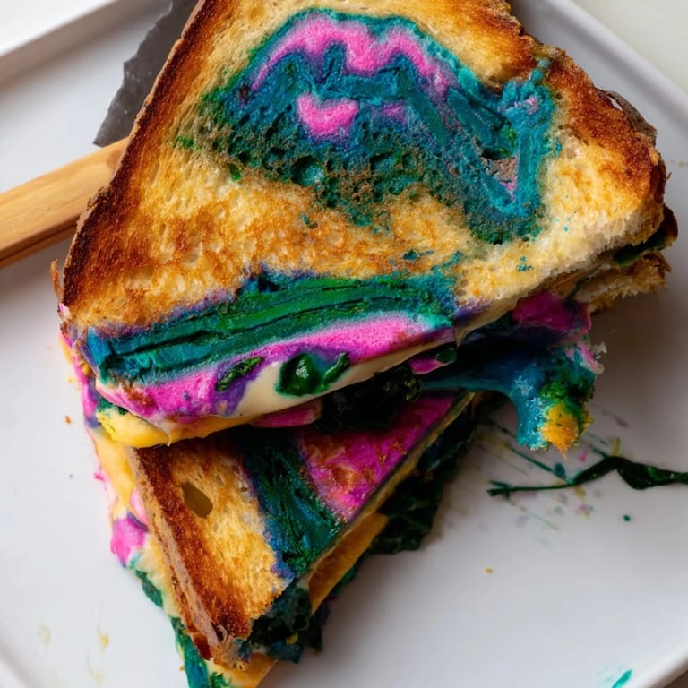 Grilled cheese coloré dans un sandwich chaud et croustillant, parfait pour les collations.  