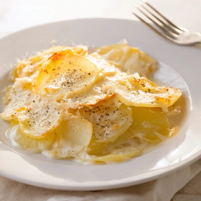 Pommes de terre au gratin au miso, plongées dans une sauce crémeuse et riche.