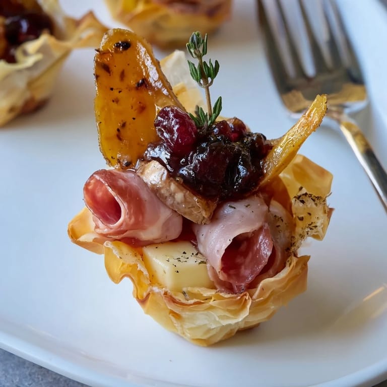 Apéritif festif de coupes de Brie au pickle avec viande et sauce aux canneberges.