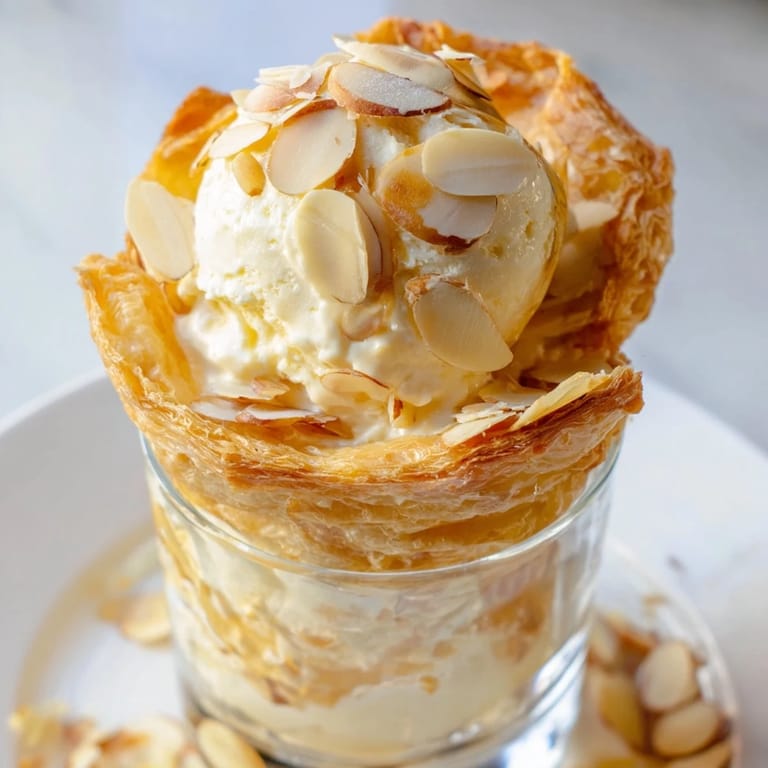 Sundae gourmand aux éclats de pâte feuilletée et crème d'amande onctueuse.