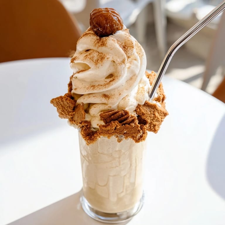 Rafraîchissant milkshake au pain d’épices Mont Blanc, garni de crème légère et cannelle.