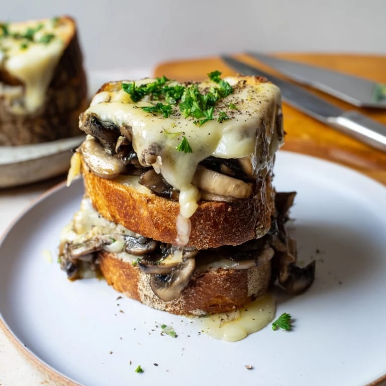 Tranches de pain grillé avec champignons acidulés et fromage Emmental doré.