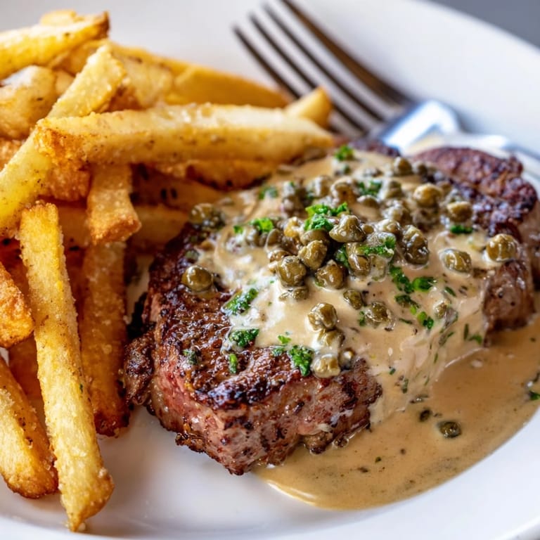 Deliciously seared steak frites served with rich peppercorn sauce drizzle.