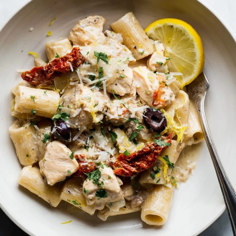 Recette de pâtes crémeuses au poulet Provençal, garnie de tomates séchées et d'olives.