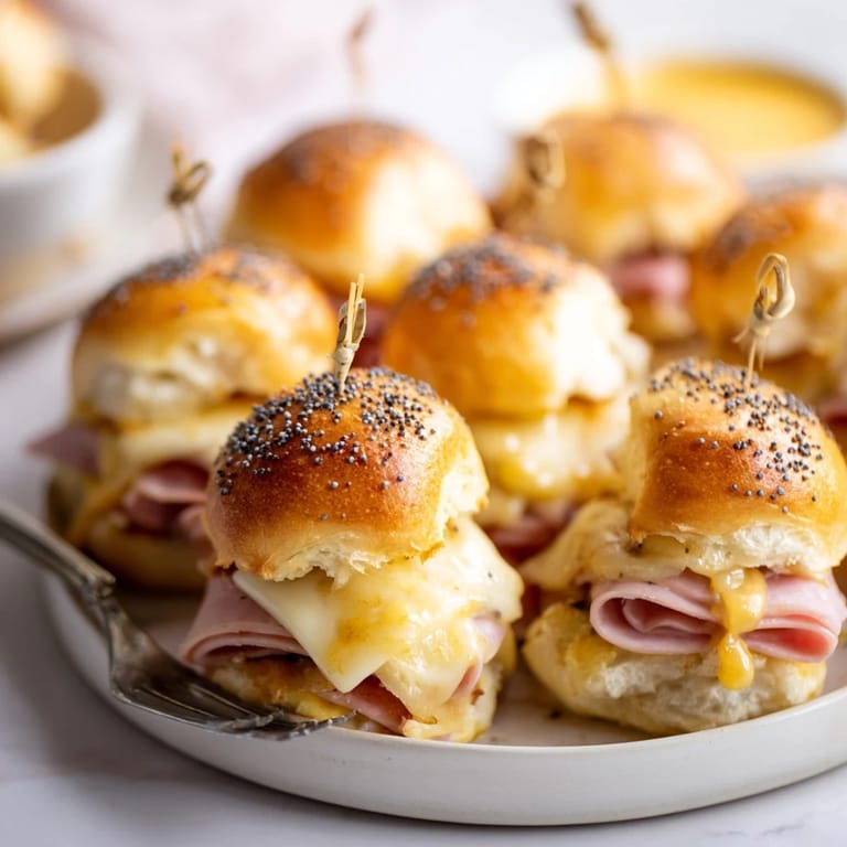 Gourmands mini sliders Croque Monsieur, parfaits pour un brunch ou une fête, buzzing with flavor.